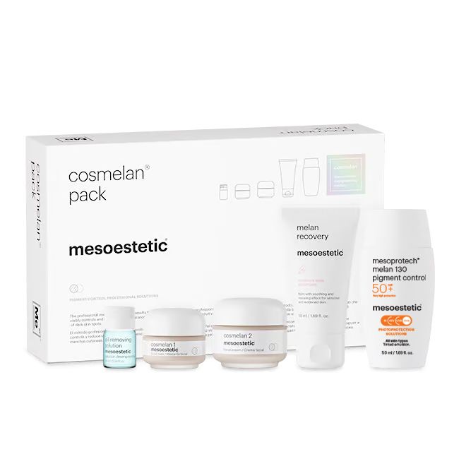 A box of Cosmelan Pack, a professional depigmentation treatment, displayed with its skincare products. The packaging emphasizes its effectiveness for melasma and hyperpigmentation.