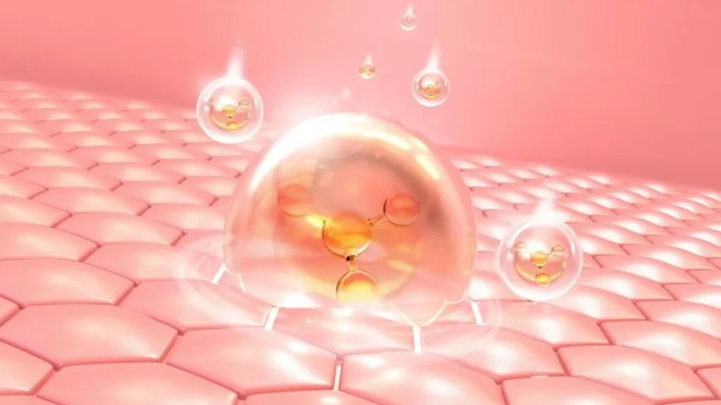 Microscopic illustration of exosomes and signalling molecules supporting cellular recovery after skin treatment.