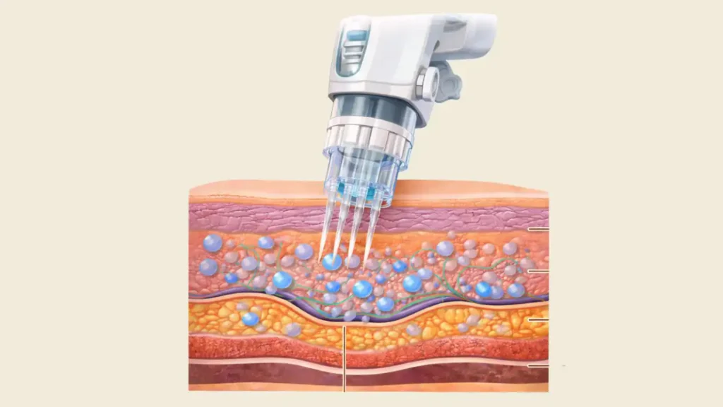 A multi-needle injector device delivering precise micro-deposits of skin booster for full-face hydration.