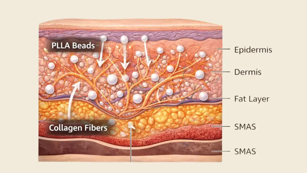 Diagram of Poly-L-lactic acid beads stimulating fibroblasts to produce new collagen fibers for structural support