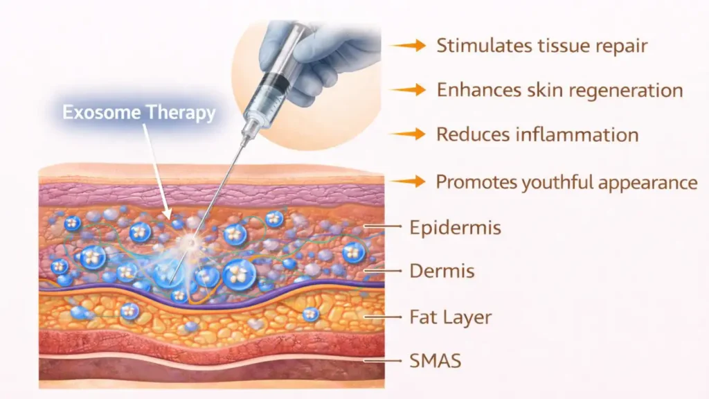Diagram of exosome-based therapy being applied to stimulate tissue repair and enhance skin regeneration after primary treatments.