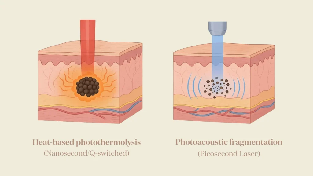 Illustration demonstrating the difference between Heat-based photothermolysis and Photoacoustic fragmentation