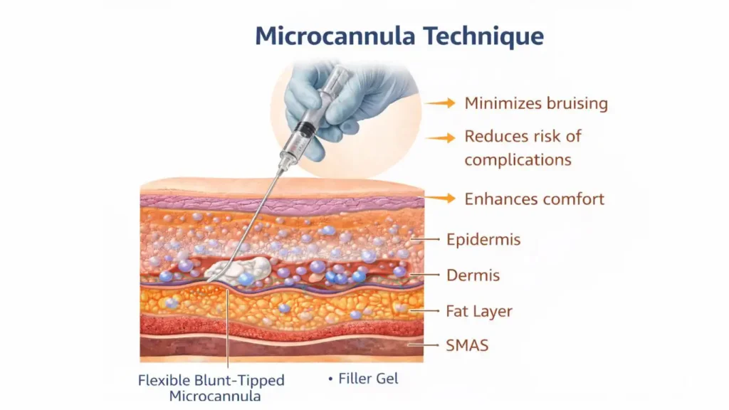 Illustration of a blunt-tipped micro-cannula distributing product smoothly beneath the skin layers to minimize bruising.
