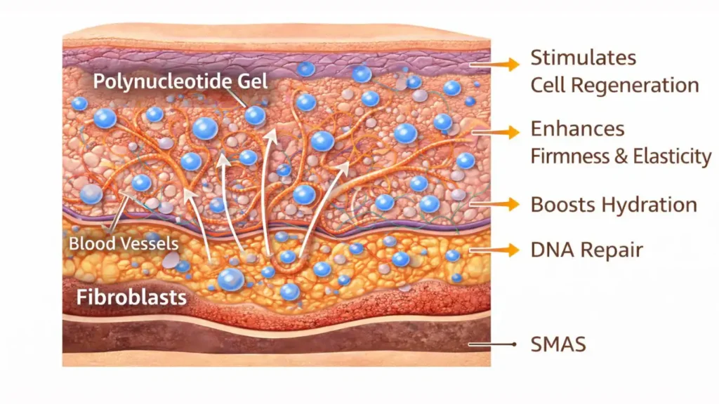 Illustration showing polynucleotide gel molecules supporting cell regeneration, DNA repair, and skin elasticity within the dermis