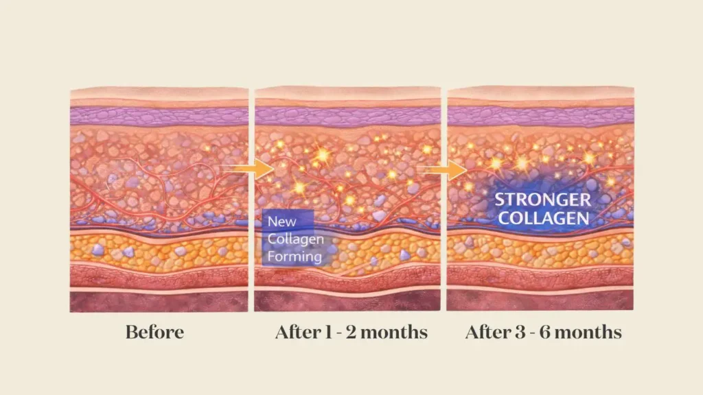 Three-stage diagram showing progressive dermal thickening and scar elevation from new collagen formation over 6 months