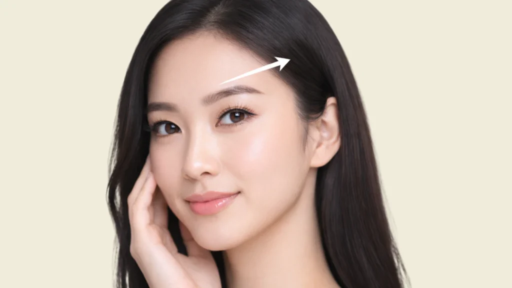 A model with an arrow indicating the upward lift and elevation achievable in the brow region through ultrasound energy.
