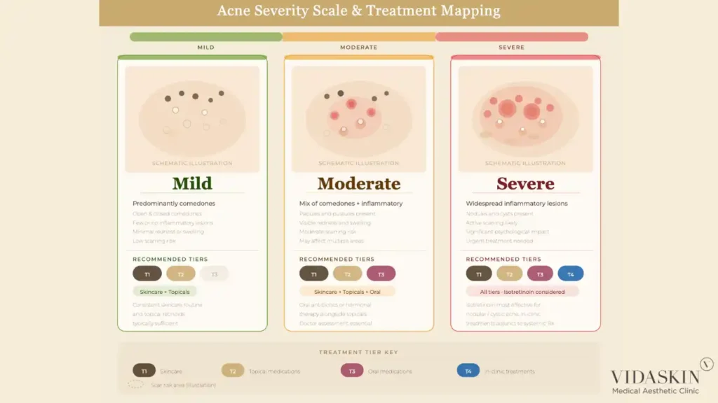 Acne severity scale and treatment mapping for mild, moderate, and severe acne presentations.