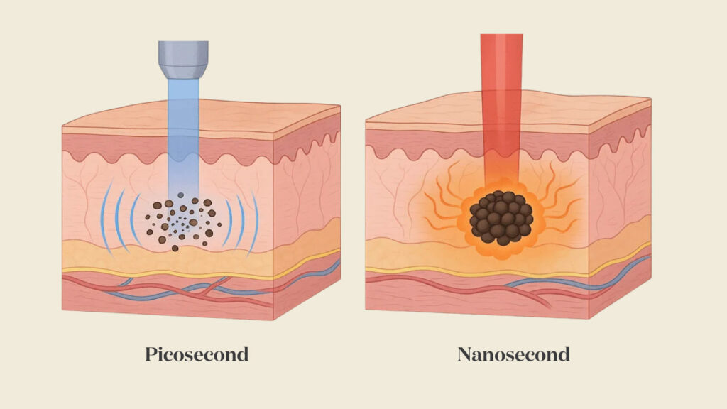 Illustration comparing the photo-acoustic mechanical effect of picosecond lasers against the photothermal heat-based effect of nanosecond lasers.