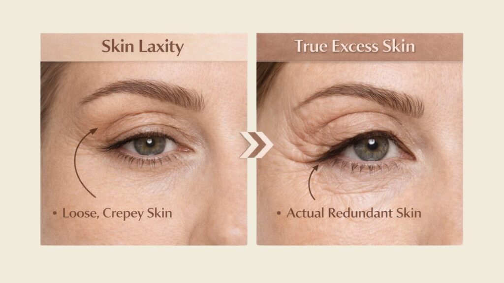 A side-by-side comparison showing the difference between loose, crepey skin laxity and actual redundant skin on the upper eyelids