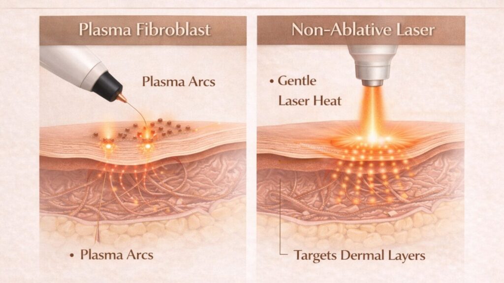 Comparative diagram showing how plasma arcs create surface micro-injuries versus how non-ablative lasers target deeper dermal layers.