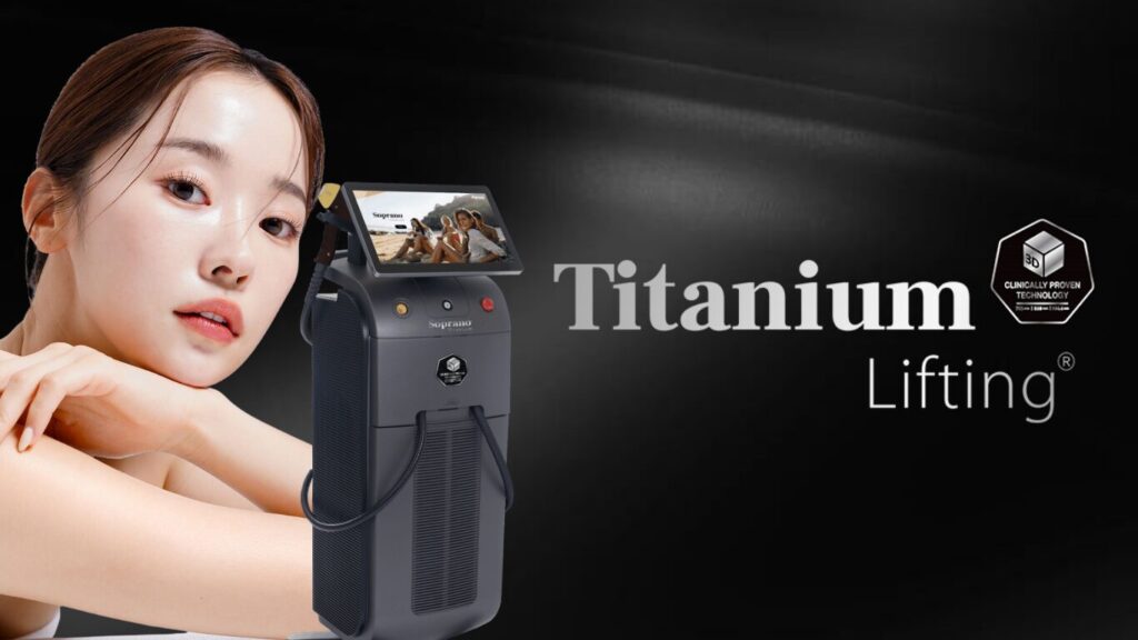 The Titanium medical laser system featured with a model emphasizing skin firmness and contour.