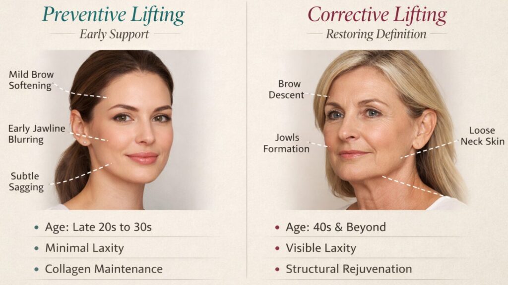 A side-by-side anatomical comparison of preventive lifting for early support versus corrective lifting for restoring definition