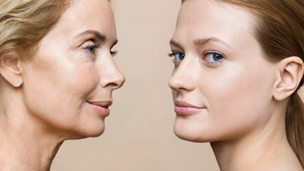 A side-by-side profile view of a younger woman and a mature woman, illustrating natural skin evolution and transition