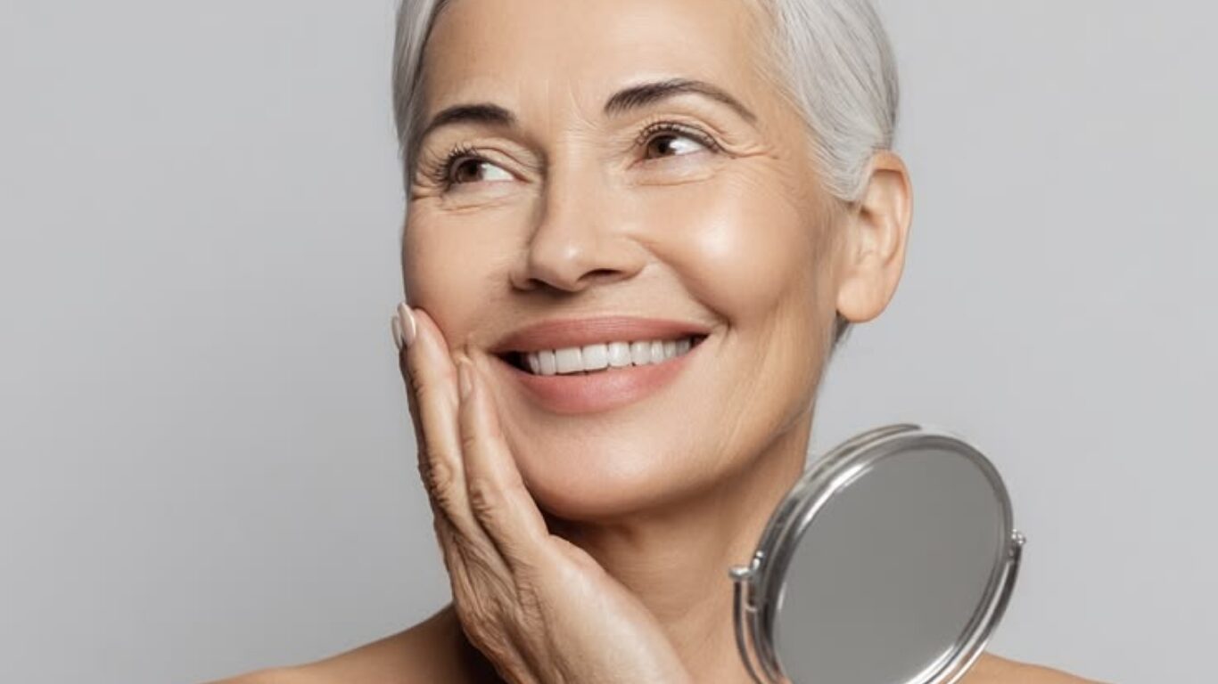 A mature woman smiling while looking into a handheld mirror, observing her skin quality and facial contours