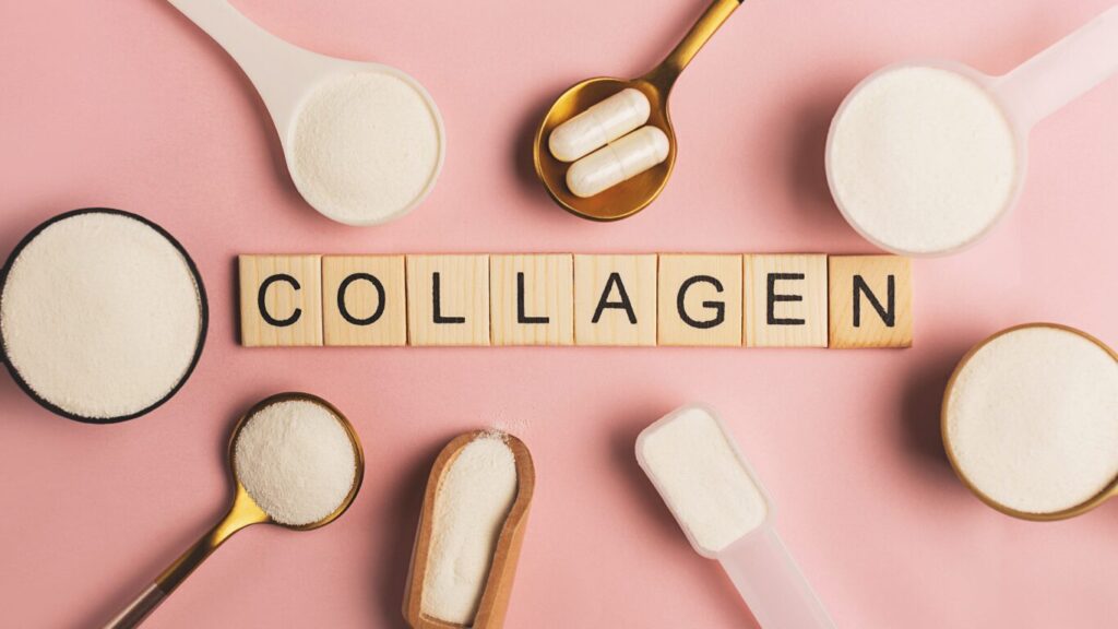 Wooden blocks spelling 'COLLAGEN' surrounded by various forms of collagen supplements and powders