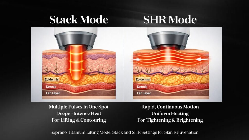 Comparison showing STACK mode's deep intense heat for lifting versus SHR mode's uniform heating for brightening.