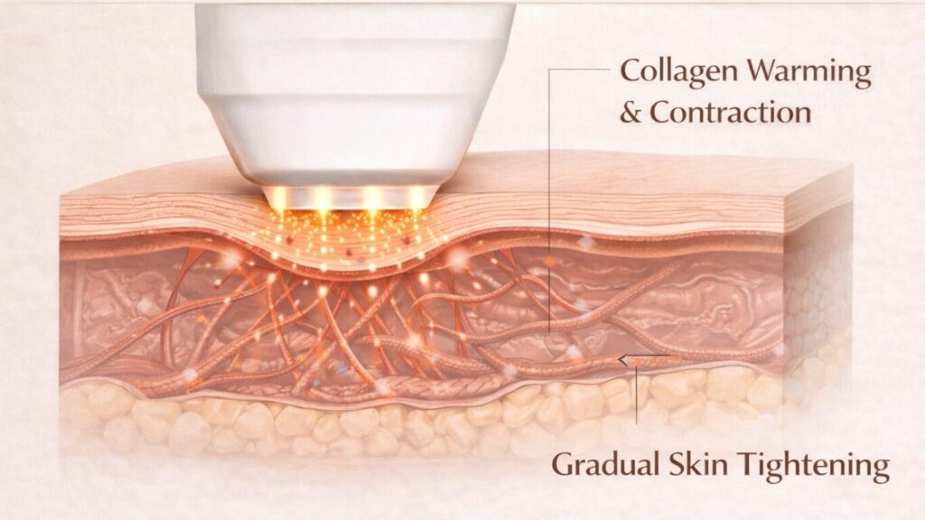 Illustration of a radiofrequency applicator heating the dermal layer to induce collagen contraction and gradual skin tightening.