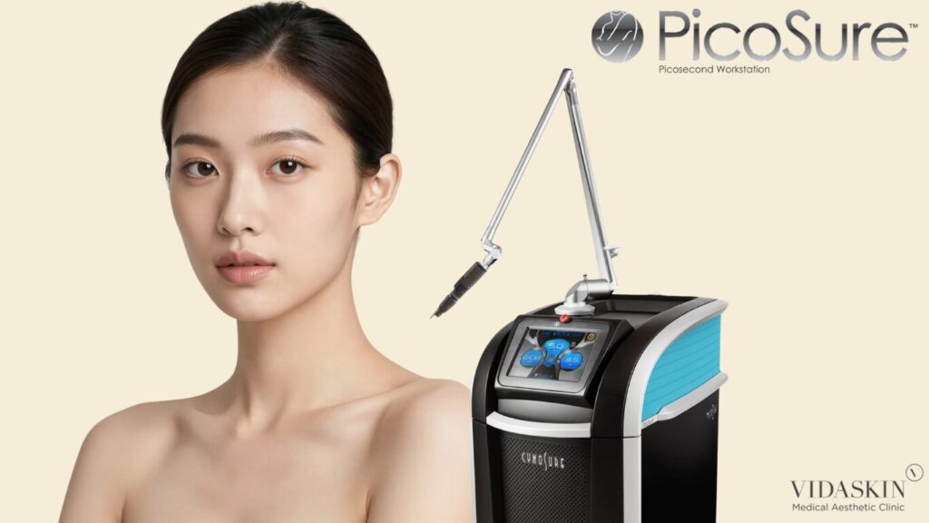 Asian model next to a PicoSure Pro picosecond laser workstation at VIDASKIN.
