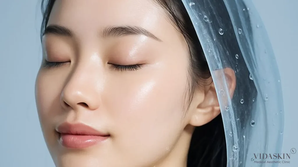 Conceptual image of an Asian model with hydrated skin, illustrating the "hydration from within" effect.
