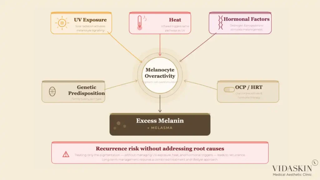 Diagram illustrating the five primary drivers of melasma: UV, heat, hormones, genetics, and OCP/HRT.