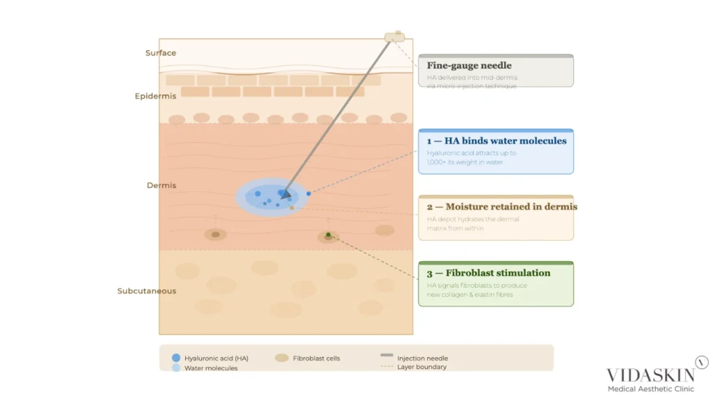 Diagram of micro-injections delivering stabilized hyaluronic acid into the mid-dermis to stimulate fibroblasts.