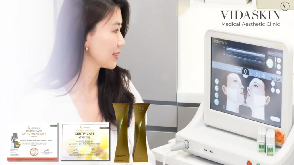 Dr Vicki Leong at VIDASKIN with Merz Aesthetics awards, demonstrating clinical experience and authenticity.