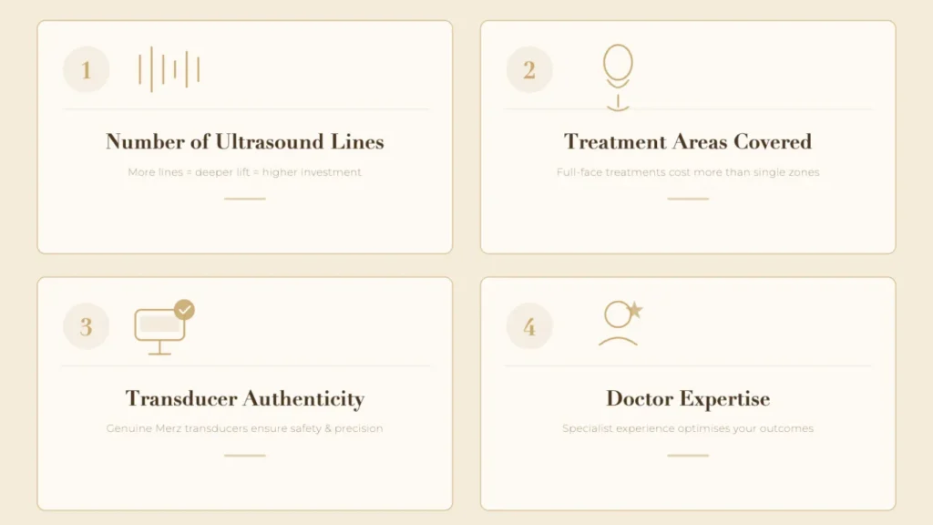Infographic showing the four pillars of Ultherapy cost: line count, treatment areas, authenticity, and expertise.