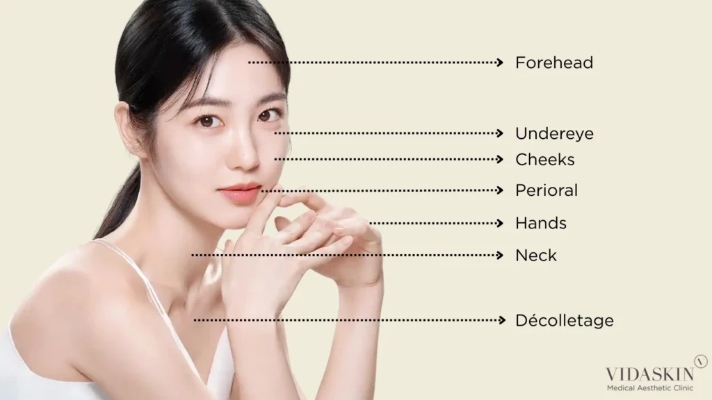 Map of common treatment areas for skin boosters, including the under-eye, neck, and hands.