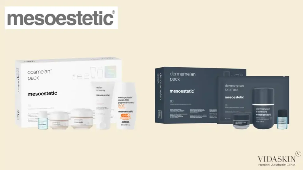 Professional mesoestetic Cosmelan and Dermamelan home maintenance and in-clinic treatment kits.
