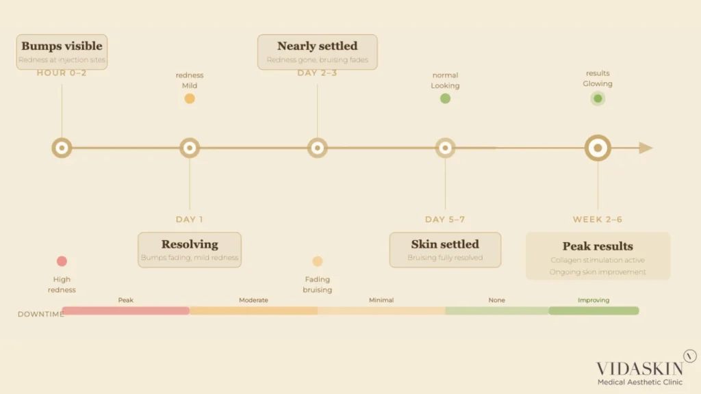 Typical recovery timeline for skin boosters, showing the resolution of injection-site "bumps" over 24-48 hours.