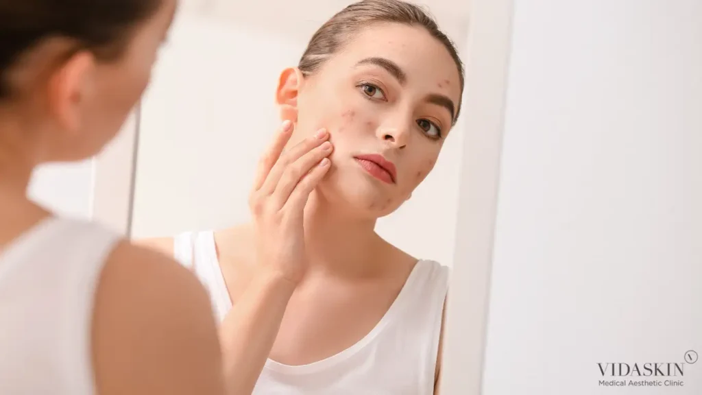 Woman checking her acne in the mirror