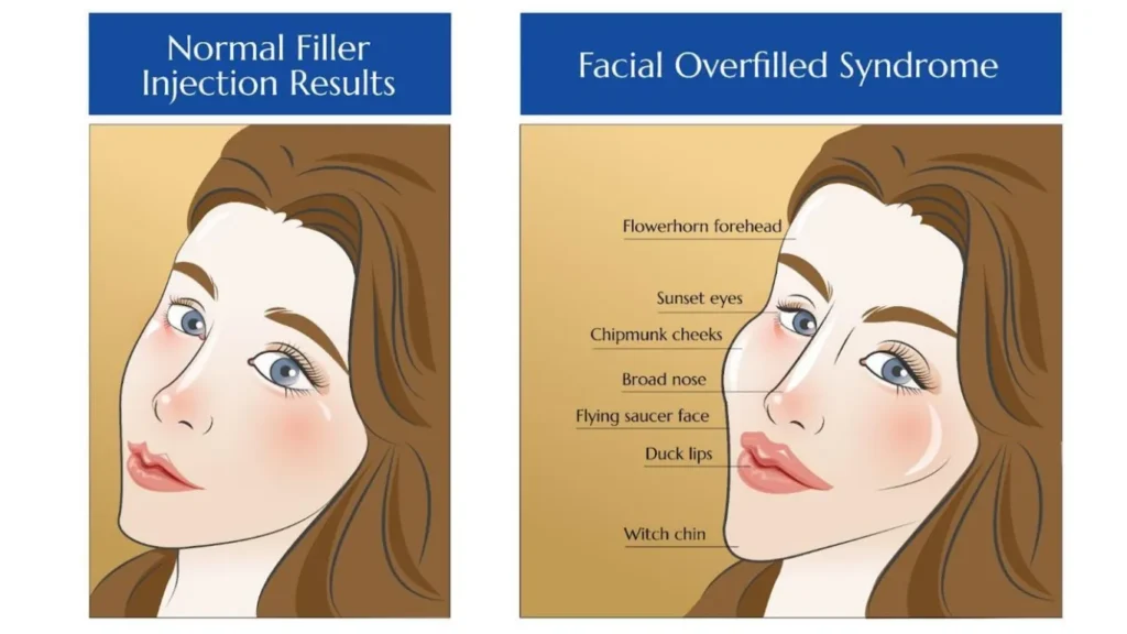 Illustration depicting normal filler injection results vs. overfilled syndrome