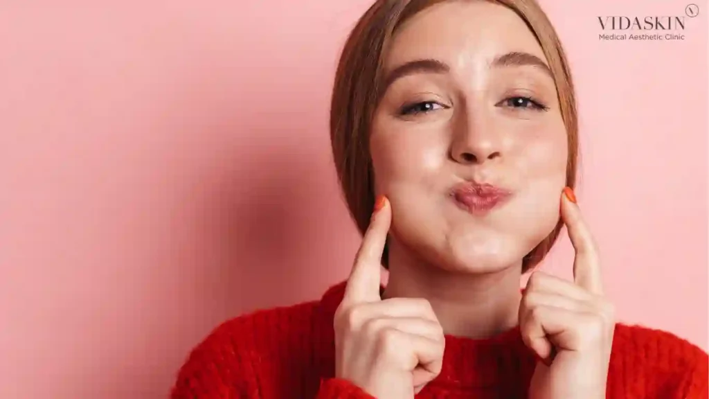Woman blowing up her cheeks