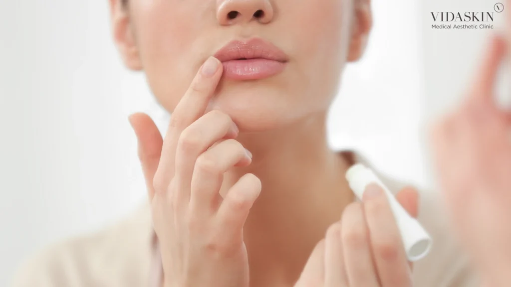 Woman looking at her lips in the mirror