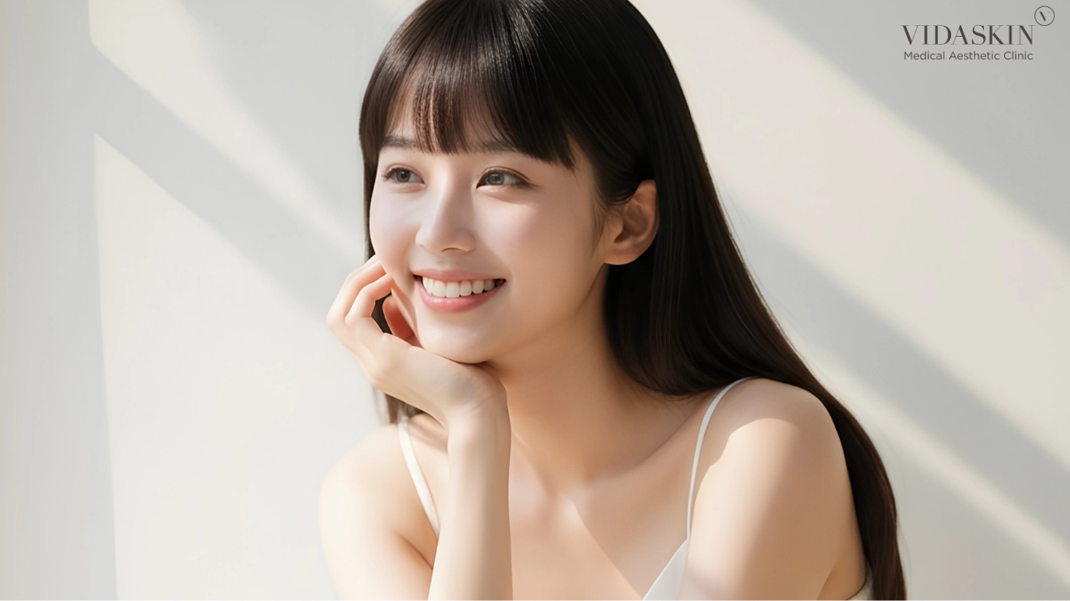 Beautiful woman smiling and posing, looking to her right
