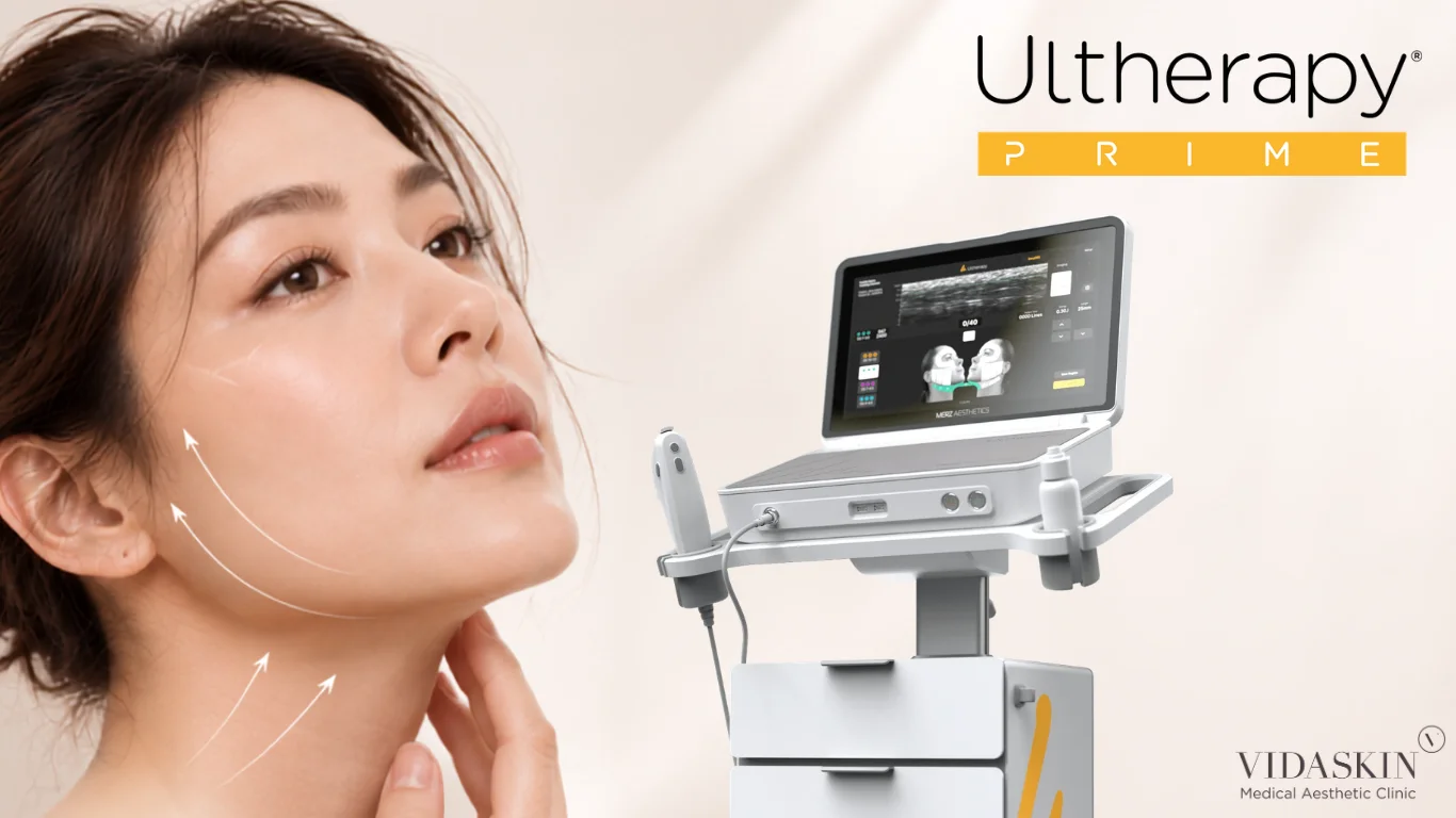 Image of a close-up of a woman’s face next to an Ultherapy machine