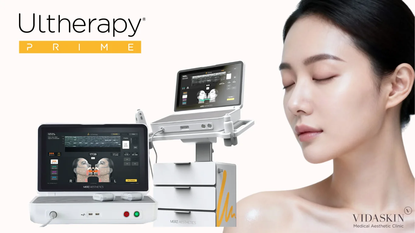Image of a woman’s face next to a set of Ultherapy devices