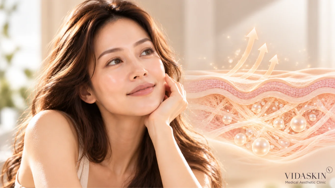 Woman smiling beside a dermal skin diagram illustrating collagen stimulation and upward lifting effects