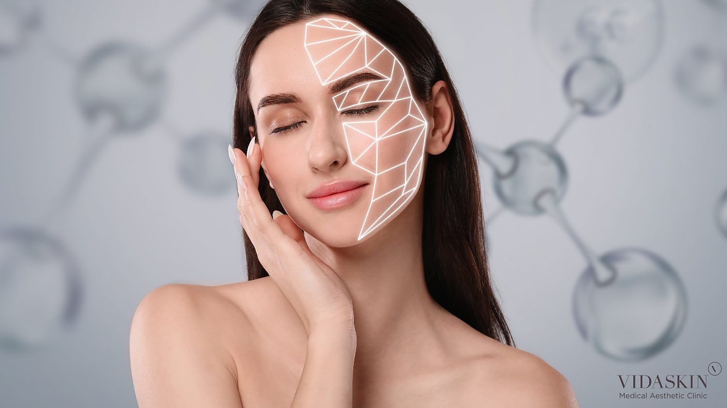 Close-up of a woman touching her face with eyes closed, showing a white geometric grid overlaid on her cheek, forehead, and eye area